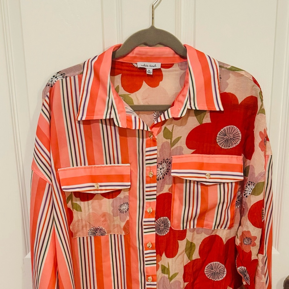 Mixed material striped and poppy shirt, White Birch, XL